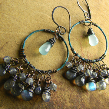 Verdigris Hoop Earrings with Labradorite and Chalcedony