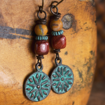 Southwest Sun Earrings, Mykonos Patina Charm, Verdigris, Red, Yellow, Rustic, Copper Tribal Jewelry