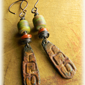 Tribal Earrings, Rustic Copper, Green Lampwork, Artisan Pewter, Tribal Jewelry
