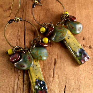 Yellow Beaded Hoop Earrings, Handmade Ceramic, Czech Glass, Green, Red, Brass, Boho Tribal Earrings