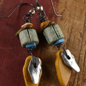 Yellow Tribal Drop Earrings, Mykonos Ceramic, Pewter, Copper, Tribal Jewelry