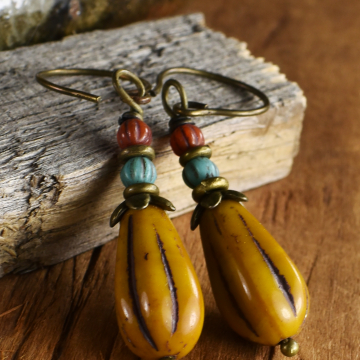 Yellow Drop Earrings, Czech Glass, Melon, Brass, Bohemian, Turquoise, Red, Boho Earrings