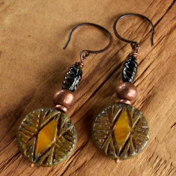 Boho Tribal Drop Earrings, Copper, Rhombus, Yellow, Ochre, Bohemian Jewelry