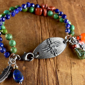 Green Turquoise Bracelet, Lapis Lazuli, Artisan Pewter, Blue, Red Jasper, Boho Southwestern, Tribal Jewelry