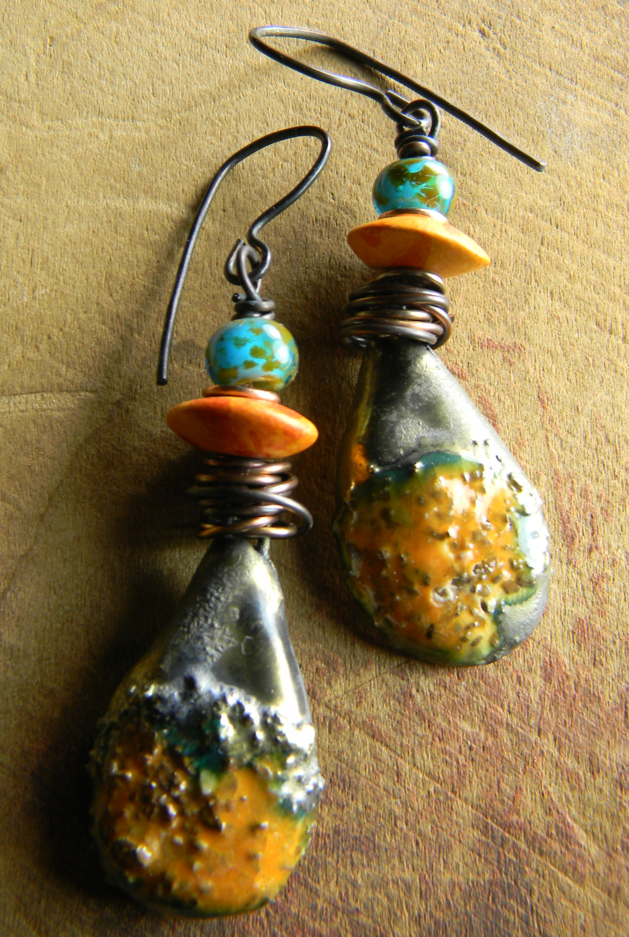 Handmade Ceramic Earrings Amber Gold Wire Wrap Boho Jewelry